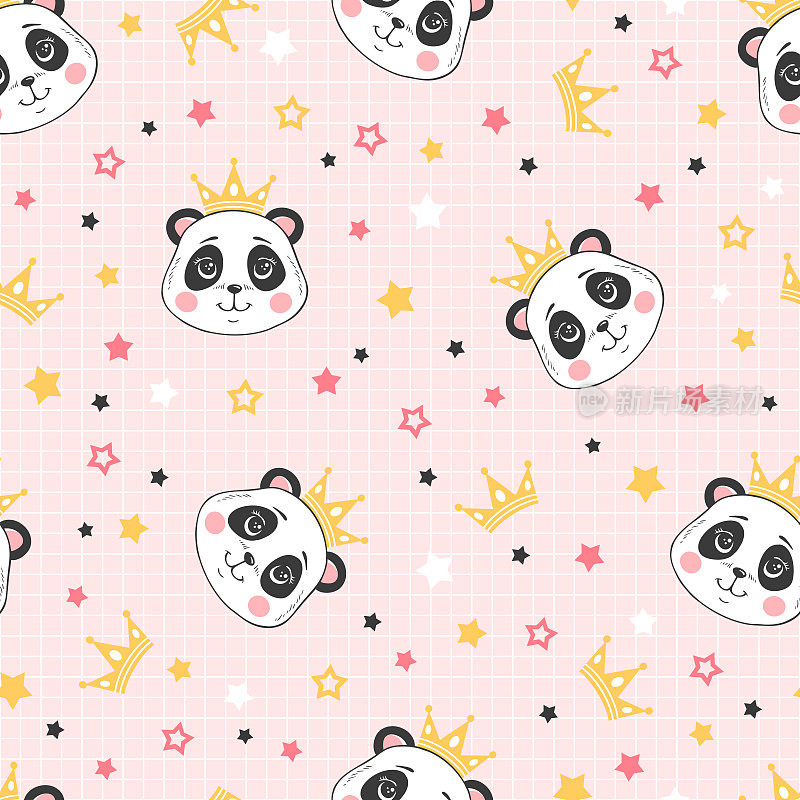 Vector cartoon seamless pattern with princess panda, crowns and stars on pink grid background